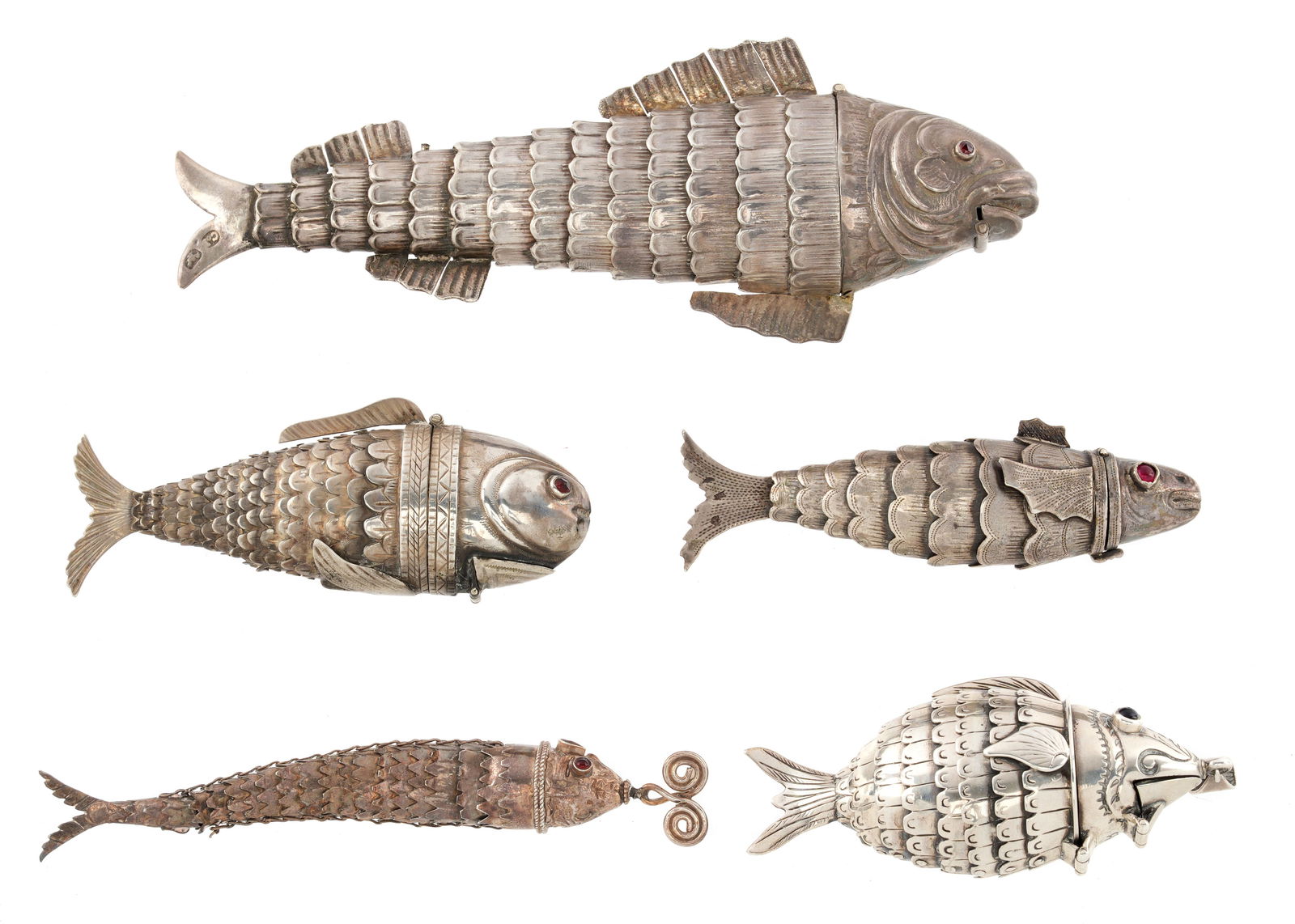 Five Articulated Fish Silver Spice Boxes (1 of 12)