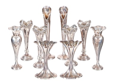 Ten English Sterling Silver Bud Vases