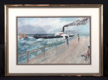 James Harrington Dockside with Figures Pastel