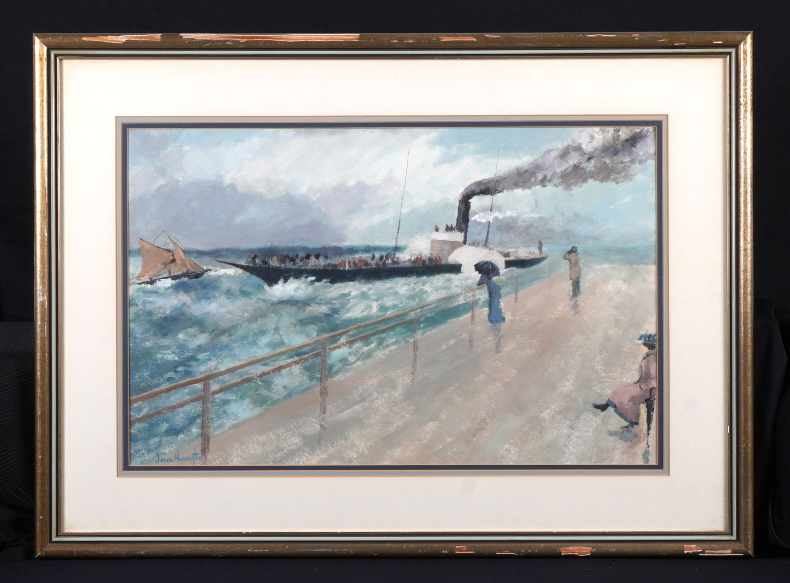 James Harrington Dockside with Figures Pastel: HARRINGTON, James, (American, 1929-1998): Dockside scene with steamship and figures, Pastel on Paper, signed lower left, sight size 14.75" x 23.25", framed under acrylic 23.25" x 31.75". Not examined