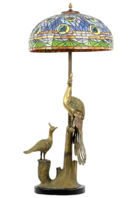 Bronze Figural Peacocks Leaded Glass Shade Lamp
