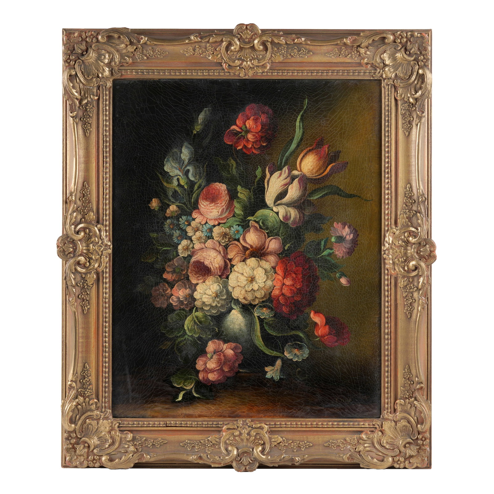 Cornelis Vrolyk Still Life of Flowers: VROLYK, Cornelis, (Dutch): Still life of flowers in a vase, Oil/Canvas, signed lower right and verso, 19.75" x 16", framed 25.5" x 21.5". Condition: Heavy craquelure.