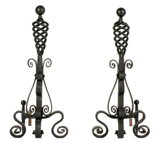 Pair Large Wrought Iron Fireplace Andirons
