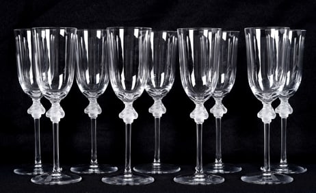 Nine Lalique Crystal Roxane Champagne Flutes