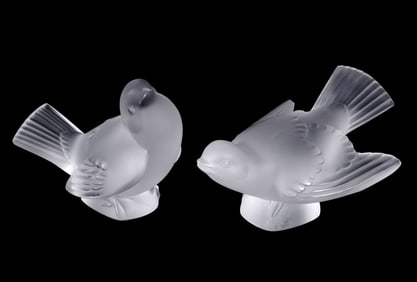 Two Lalique Frosted Crystal Moineau Paperweights