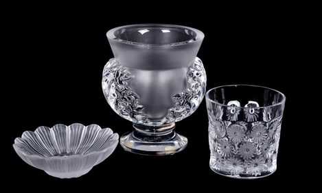 Three Piece Lalique Crystal Vase Tray and Tumbler