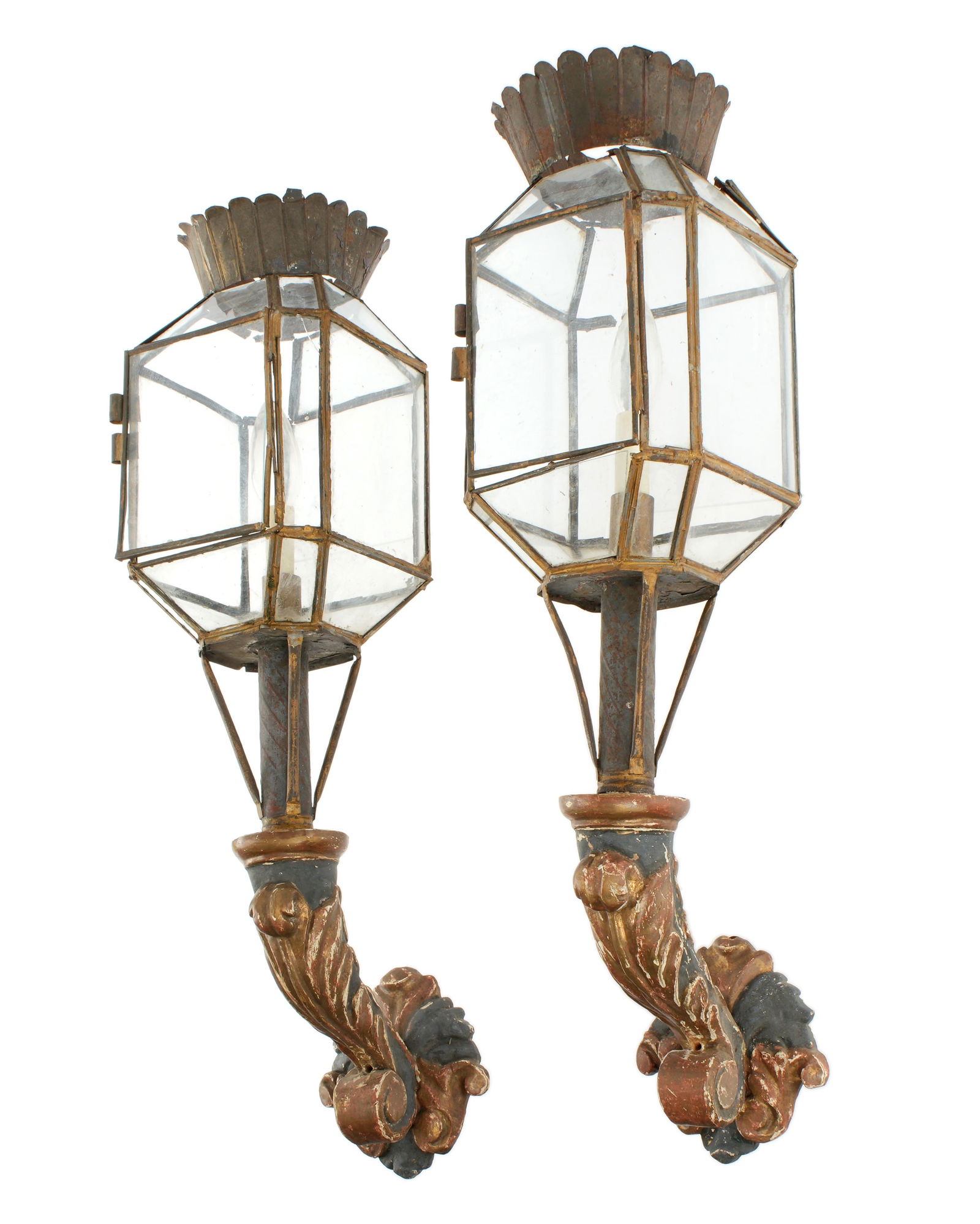 Pair Early Italian Carved Wood and Iron Sconces (1 of 5)