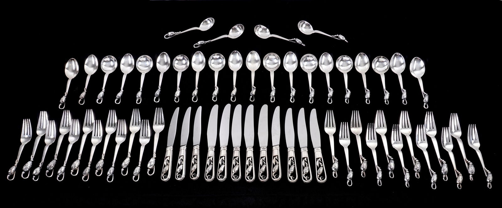 60pc Georg Jensen Blossom Sterling Silver Flatware