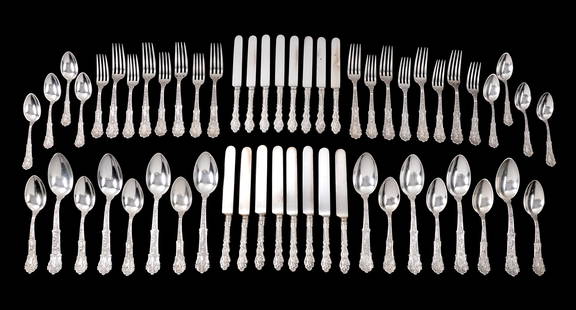 56 Piece Gorham Coligni Sterling Flatware Set: Approx. 56 pieces, service for 8, in the Coligni pattern by Gorham to include 8 dinner forks (7.5"), 8 salad forks (6.75"), 8 teaspoons (6"), 8 oval soup spoons (7"), 8 tablespoons (8.75"), 8 hollow k