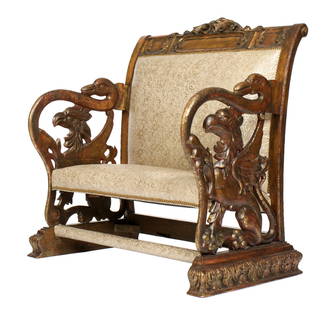 Victorian Carved Griffin & Swan Carousel Bench: Carved gilt wood frame, mask and foliate scroll crest on carved top rail. Reticulated figural griffin and swan neck side supports and arms. Embossed foliate scroll tacked leather upholstery. Overall 4