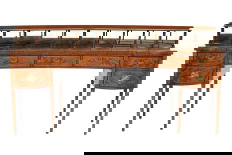 Large Mahogany Scottish Inlaid Sideboard: Curved case with serpentine front. Conforming top shelf over mirrored back gallery with turned column supports. Three center drawers, deep lead lined cellarette drawer right sized, two drawers left si