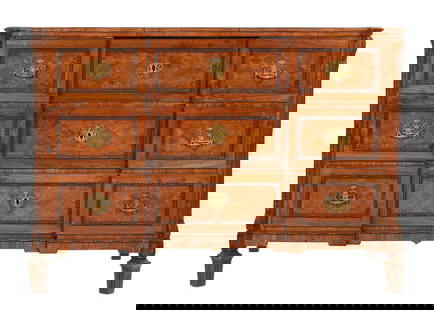 Swedish Parquetry Inlaid Chest of Drawers: Shaped top over conforming case. Parquetry inlaid top, center medallion with six pointed star, woven design side panels. Three parquetry inlaid front drawers, brass pulls. Canted and carved stiles, fl