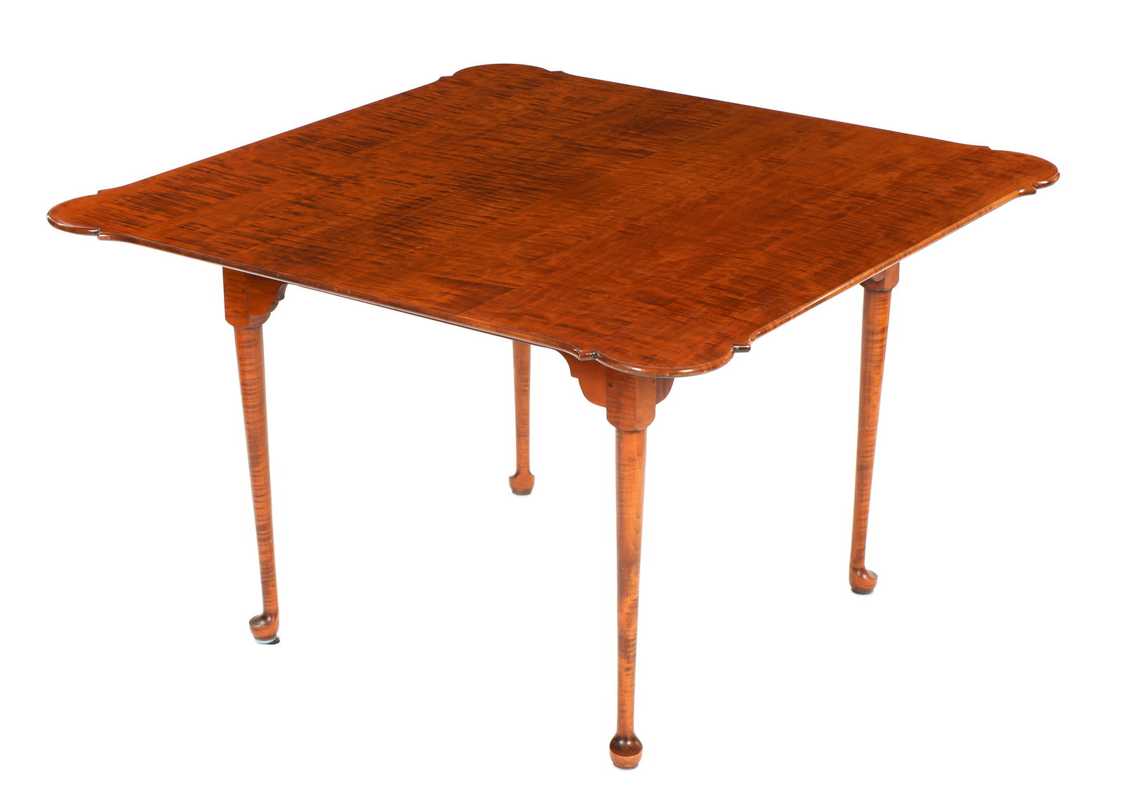 Eldred Wheeler Porringer Top Square Dining Table: Bench made tiger maple square porringer top dining table, turned tapered legs ending in Queen Anne pad feet. Eldred Wheeler label under top. Overall 30" h. x 47.25" x 47.25". Condition: Minor scratche