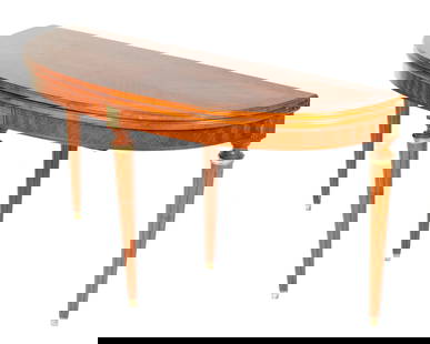 attr. Maison Jansen Demilune Console Dining Table: Mahogany console table, banded mahogany and satinwood hinged top converts to dining table. Parquetry inlaid apron, gilt bronze mounts at joints. Tapered and fluted legs. Overall 31.25" h. x 60" x 20.5
