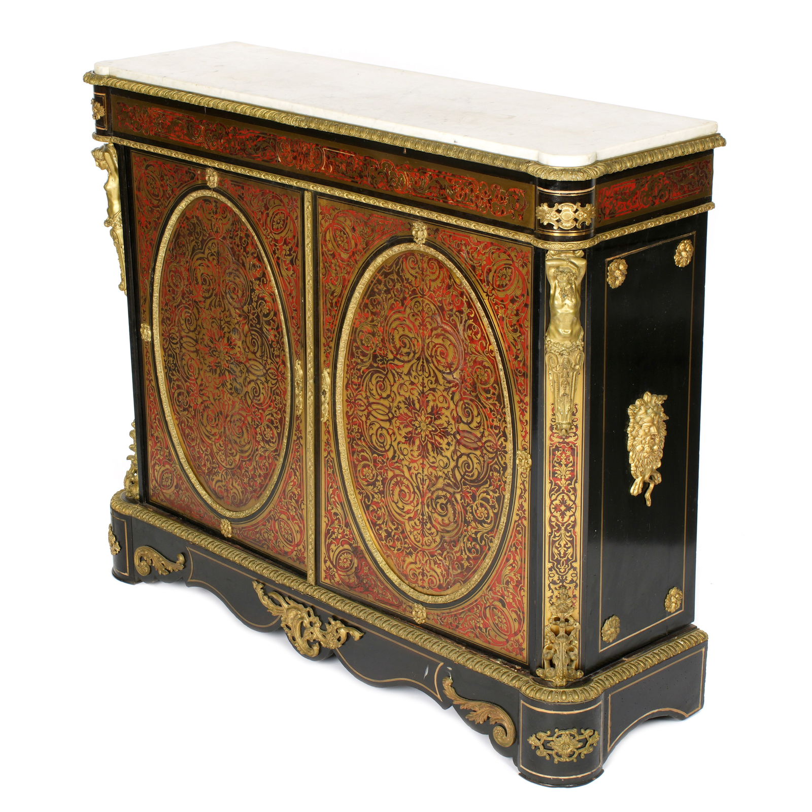 French Napoleon III Style Boulle Inlaid Cabinet: White marble top over two door case, profuse boulle and faux tortoiseshell inlaid front and top side panels. Canted corners, ebonized sides, applied ormolu decoration and mounts. Shaped apron, on four