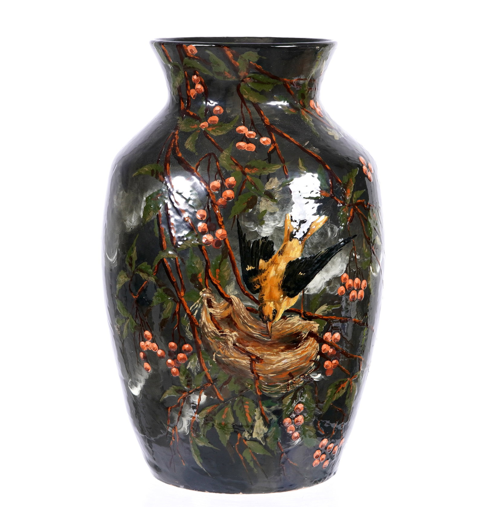 Monumental Rookwood Pottery Valentien 1882 Vase: Exceptionally large pottery vase decorated by Albert Valentien, mottled grey ground, bird and nest in holly bush motif. Impressed "Rookwood 1882" mark on inside and base, artist cipher initials inside