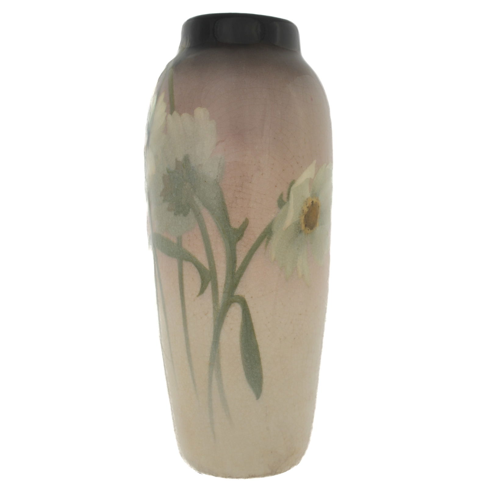 Sara Sax Rookwood Pottery Coreopis Vase: Iris glaze decorated with Coreopis flower motif, illegible date and mold number, Sara Sax cipher, 8.5" h. x 3.5". Condition: Crazing, minor glaze chips at foot. No restoration noted under black light.
