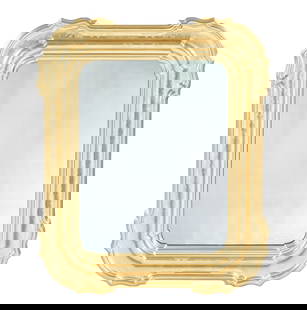 French Carved Gilt Wood Louis Philippe Mirror: Carved and shaped gilt wood frame with stippled foliate scroll decoration, rectangular mirror, overall 50" x 42". Condition: Minor age splits at joints, evidence of prior insects.