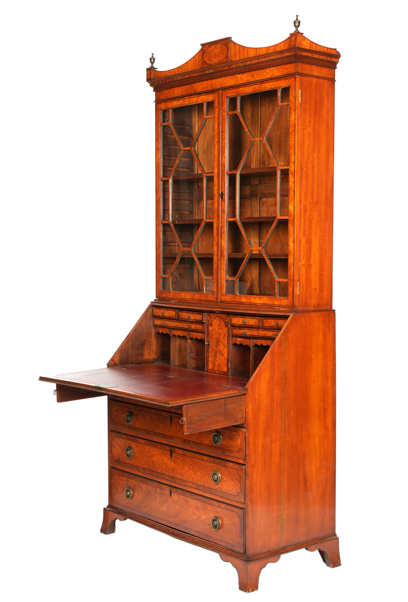 Federal Burl & Mahogany Secretary Bookcase: Burl wood and mahogany case, crest with inlaid oval medallion, two fretwork glass doors, three interior shelves. Lower slant front case, opens to fitted interior with center prospect door, drawers, an