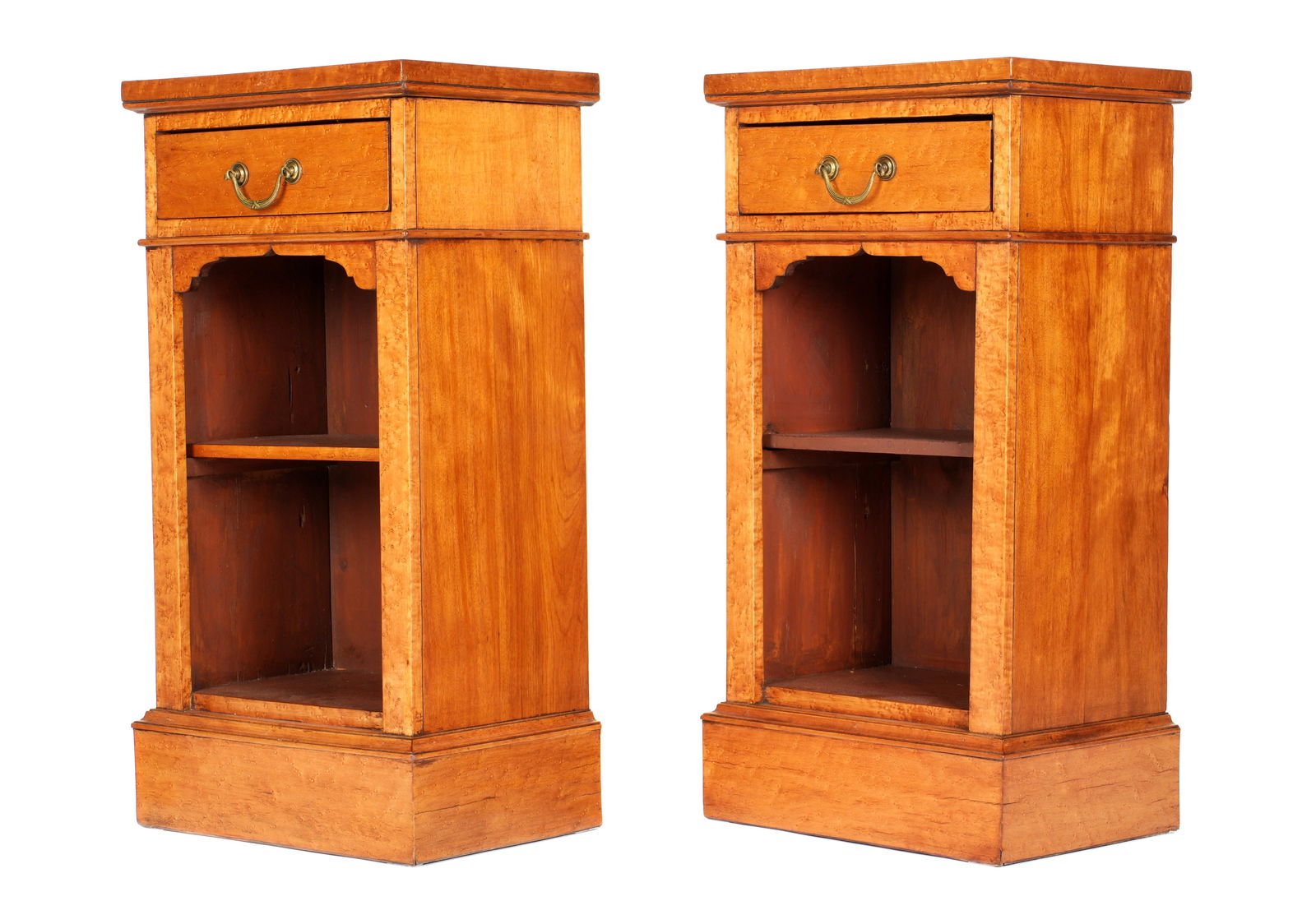 Pair Antique Birdseye Maple Night Stands: Birdseye maple cases, single drawer over open storage with single shelf, painted interior. Overall 31.75" h. x 16.25" x 12". Condition: Scratches, dings, other wear consistent with age and use.