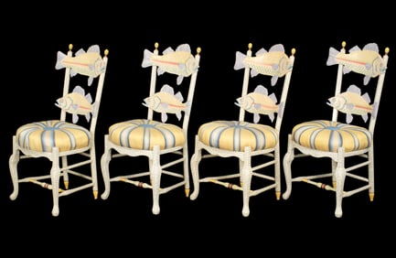 Four Mackenzie Childs Freckle Fish Side Chairs