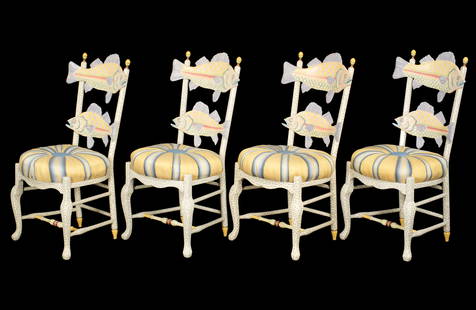 Four Mackenzie Childs Freckle Fish Side Chairs: Polychrome hand painted frames, two figural fish backs, carved and shaped apron and legs. Upholstered cushions, marked inside apron. Overall 42.5" h. x 21.75" x 21". Condition: Several stains to uphol