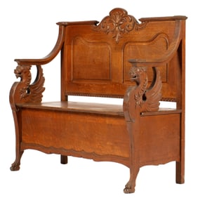 Victorian Carved Oak Hall Bench with Griffins