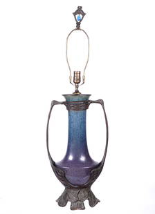 Otto Eckmann Bronze & Ceramic Art Nouveau Vase: ECKMANN, Otto, (German, 1865-1902): Patinated bronze art nouveau double handle mounted mottled purple, blue, and red glazed ceramic vase, mounted as a lamp. Lily pad motif base, marked twice with arti