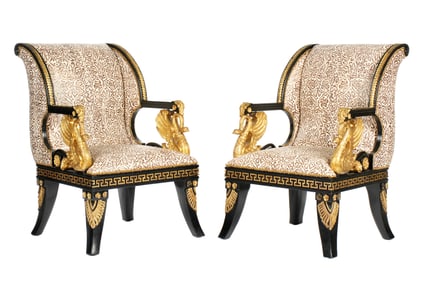 Pr Empire Style Carved Ebonized Parcel Gilt Chairs
