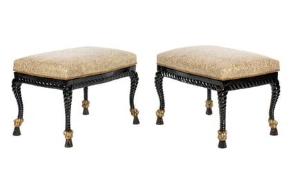 Pair Empire Style Ebonized Parcel Gilt Ottomans