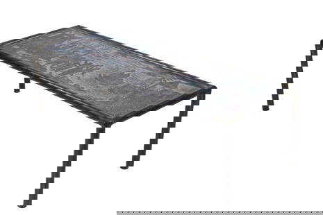 Philip & Kelvin LaVerne Chinese Dance Coffee Table: Philip and Kelvin LaVerne "Chinese Dance" coffee table. Patinated brass and pewter with polychrome decoration, depiction of festivities on an island shoreline. Etched signature. Original shipping labe