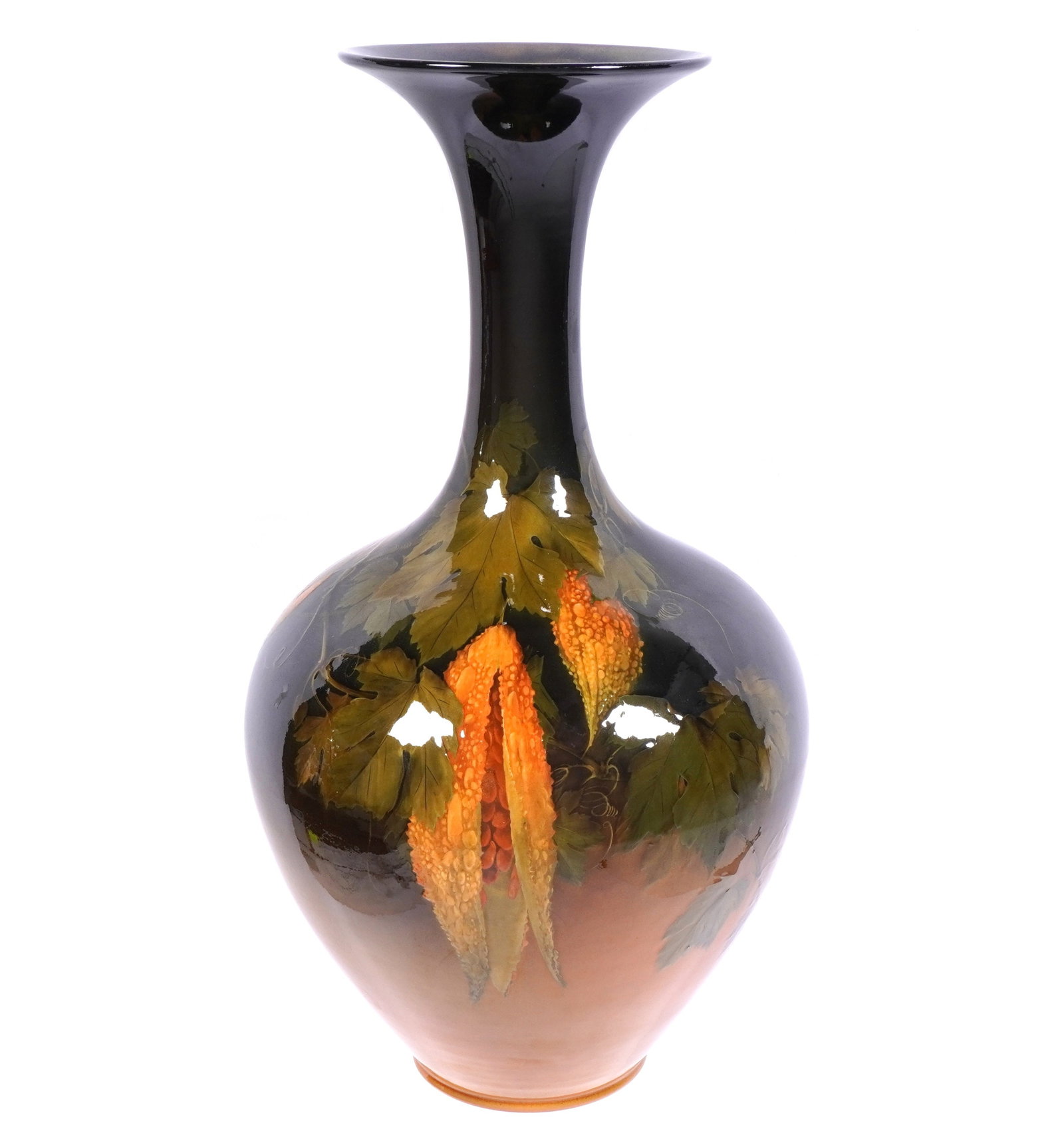 1895 Rookwood Pottery Valentien Cocoa Pod Vase: Large standard glaze vase decorated with cocoa pods motif, mold number 573A, 1895 date mark, incised Arnold R. Valentien cipher. Overall 17" h. x 8.5". Condition: Approx. 1.5" crack extending from lip