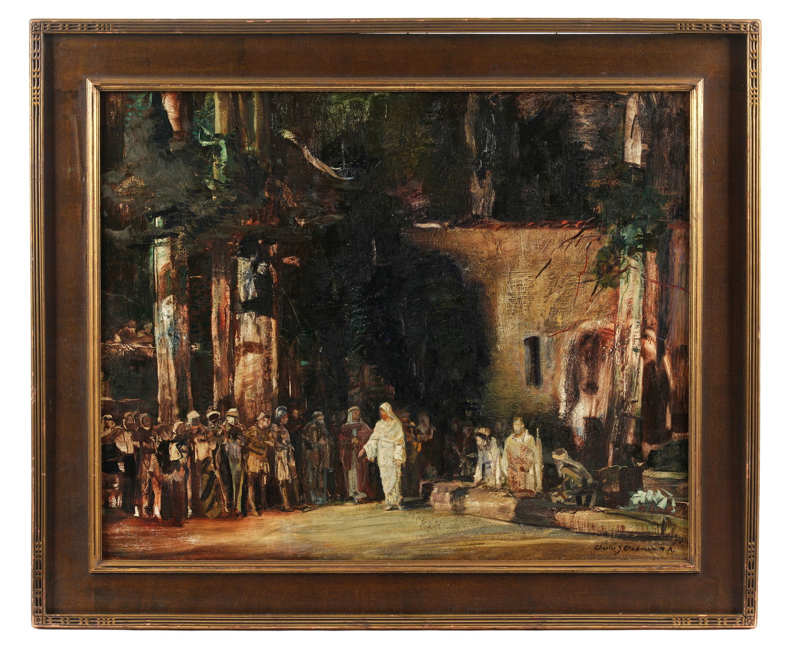 1930 Charles S Chapman Jesus in Market Painting: CHAPMAN, Charles Shepard, (American, 1879-1962): Depiction of Middle Eastern market with figures and Roman soldiers, center figure robed in white and believed to be Jesus, Oil on Wood Panel, signed lo