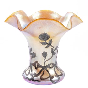 Quezal Iridescent Glass Silver Overlay Vase