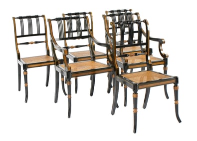 Six English Regency Style Ebonized & Gilt Chairs