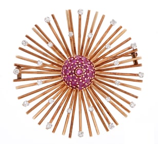 Mid Century 14k Gold Ruby Diamond Starburst Brooch