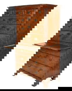 English George III Burl Walnut Chest on Chest: 18th Century, top chest with molded cornice over three drawers over three tapered full length drawers. Canted and fluted stiles. Lower chest with pull out shelf over three tapered full length drawers,