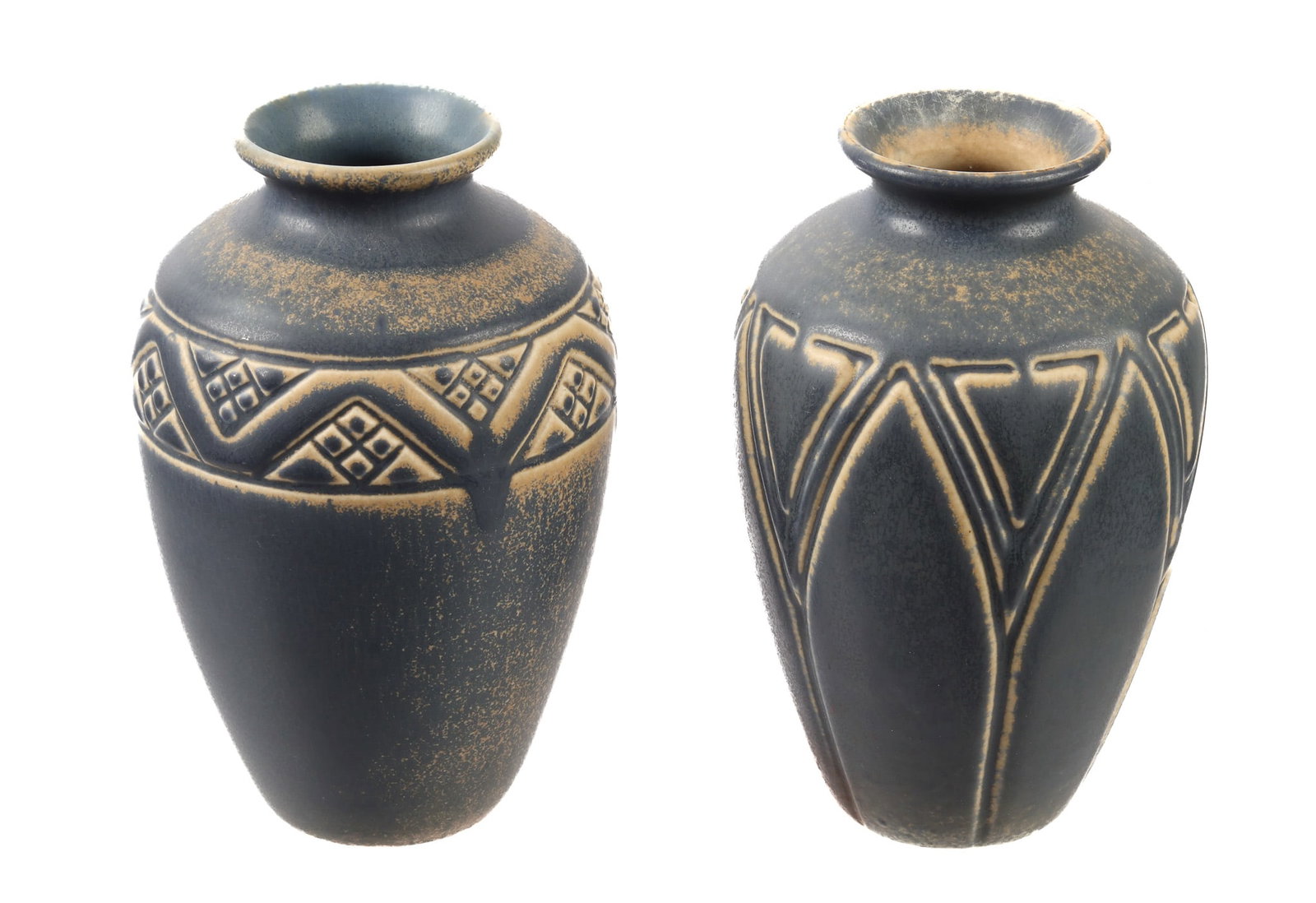 Two 1925 Rookwood Pottery Vases 2434 & 2437: Two pieces total to include 1) Blue matte glaze, incised geometric design, mold number 2434, 1925 date mark overall 5.5" h. x 3.5". 2) Blue matte glaze incised band at shoulder, mold number 2437, 1925