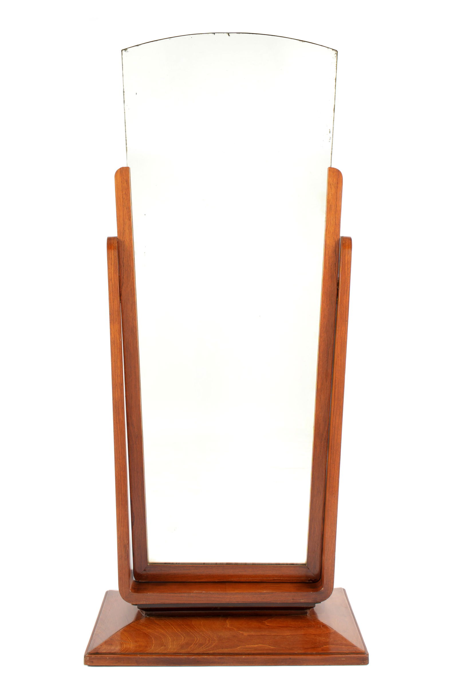 French Walnut Art Deco Cheval Mirror: Tapered center mirror, articulating walnut frame, in the style of Jules Leleu, overall measures 68" h. x 30" x 17.5". Condition: Minor spotting to mirror. Base and frame with minor dings.
