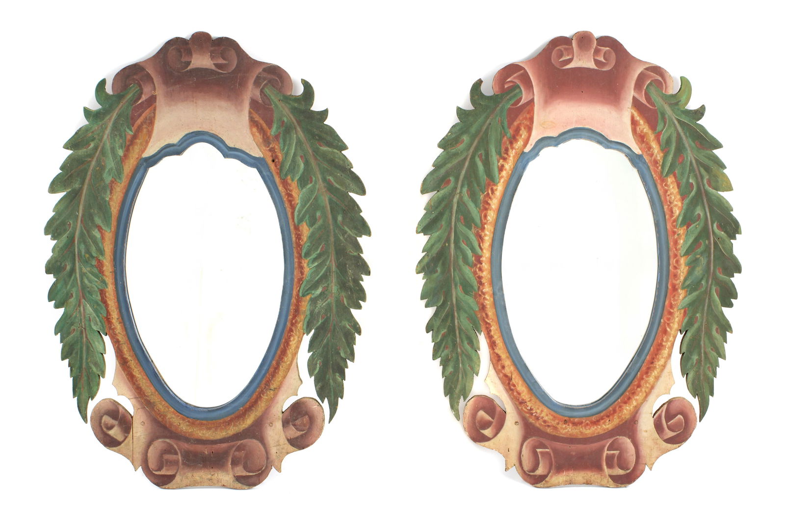 Pair Italian Painted Wall Mirrors: Pair carved and polychrome paint decorated frames, scroll and foliate branch motif. Conforming oval mirrors, overall 35.5" x 25". Condition: Wear and flake to paint decoration.