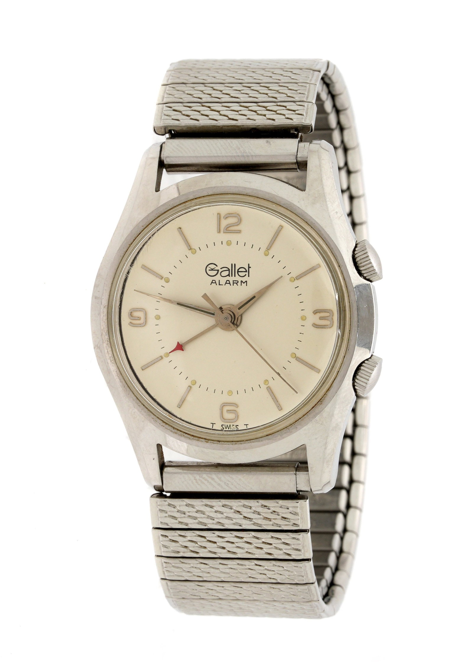 Vintage Gallet Alarm Manual Wrist Watch: Gallet Alarm wrist watch, manual wind movement, 30mm stainless steel case, cream white dial, Speidel stretch metal band. Condition: Minor signs of wear and use. Alarm function works when moved however