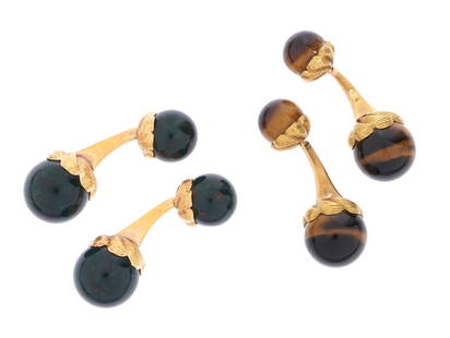 Two Pair European 18k Gold & Stone Cufflinks: Two pairs total, 18k yellow gold, Swiss and illegible hallmarks. One with heliotrope (bloodstone) globes, the other with tiger eye globes, 2.25" long. Approx. 27 grams inclusive.