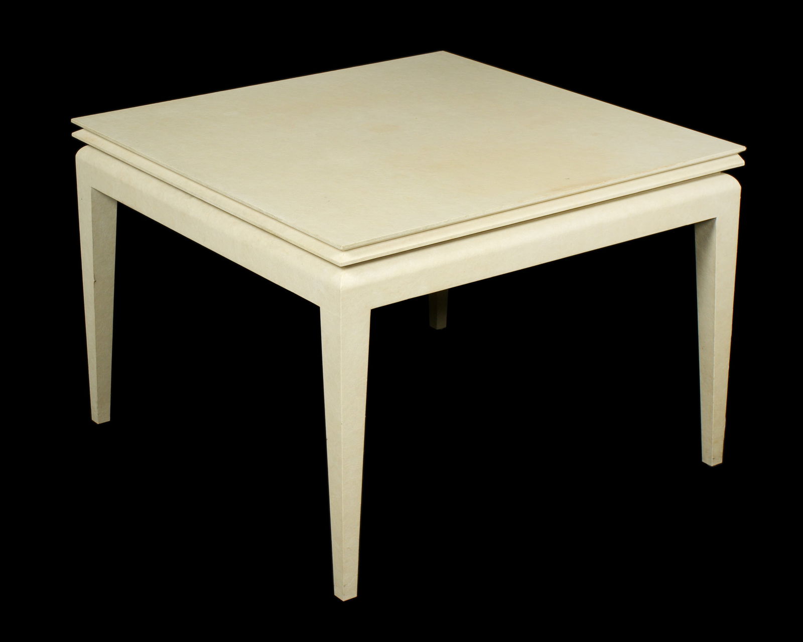 Karl Springer Style Parchment Flip Top Games Table: Ivory parchment or lacquered goat skin flip top games table. Top lifts and slides top opens to full length.. Tapered legs, no visible tags or markings. Overall 30" h .x 42" x 42". Condition: Minor sta