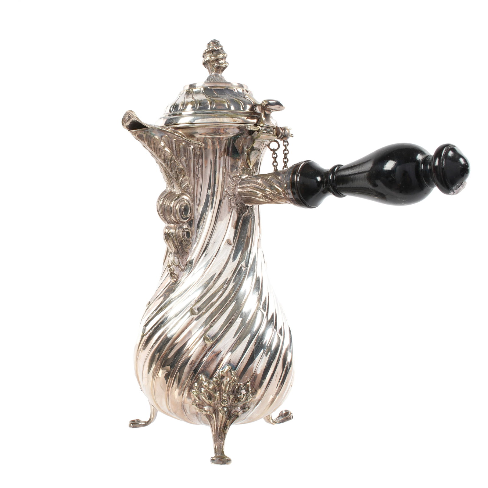 Louis XV Style Belgian Silver Chocolate Pot: Hinged lid with center removable stirrer, twist fluted body, acanthus leaf design spout, turned ebony side handle. On three feet. Marked on foot ".835 Bruxelles (Brussels)", and unidentified makers ma