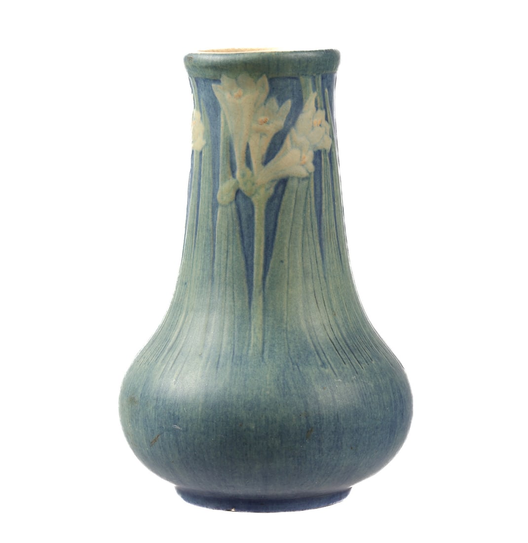 1913 Cynthia Littlejohn Newcomb College Vase: Mottled green blue buff clay semi-matte glaze art pottery vase, daffodil motif. Well marked on base with registration number GD42 and other markings, Cynthia Littlejohn cipher. Overall 6" h. x 4" dia.