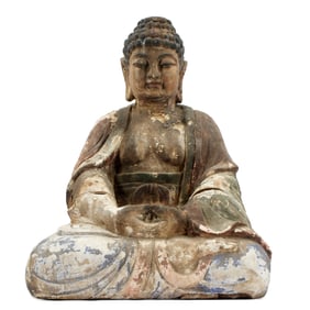 Large Chinese Carved Polychrome Figure of Buddha