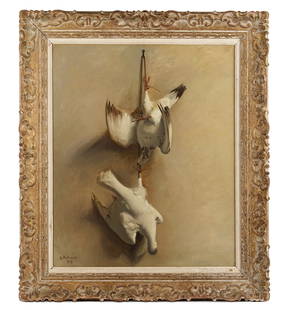 Georges Rohner Nature Morte Birds Still Life: ROHNER, Georges, (French, 1913-2000): Still life of two doves or pigeons after the hunt, Oil on Canvas, signed and dated '46 lower left, chalk notations verso, 28.75" x 23.75", framed 36.75" x 31.5".