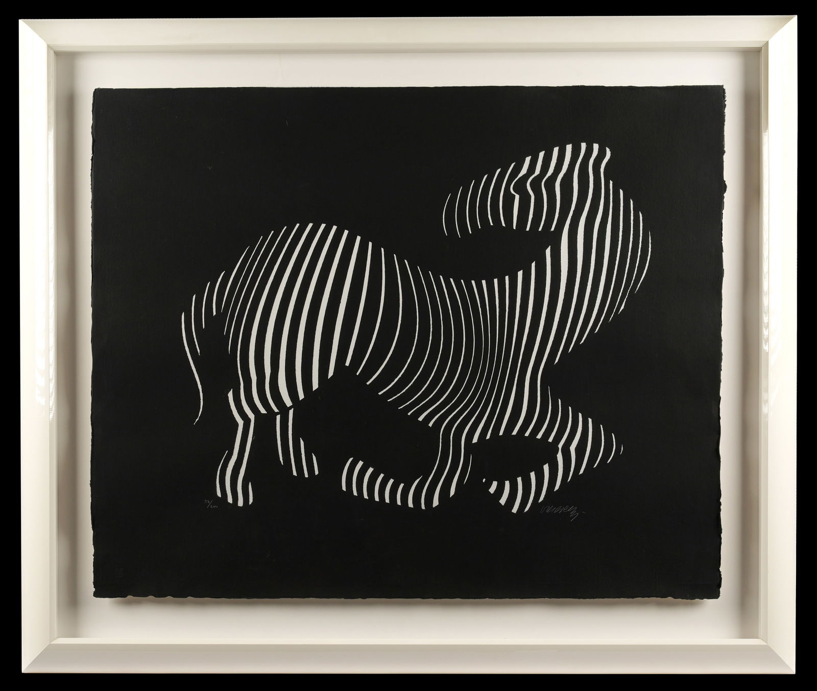 Victor Vasarely Silkscreen Zebra on Cast Paper: VASARELY, Victor, (French/Hungarian, 1906-1997): "Zebra", Silkscreen on cast paper, signed lower right, numbered 37 / 200 lower left, blind stamp lower left, 31.5" x 38.5", framed 40.5" x 42.5". Not e