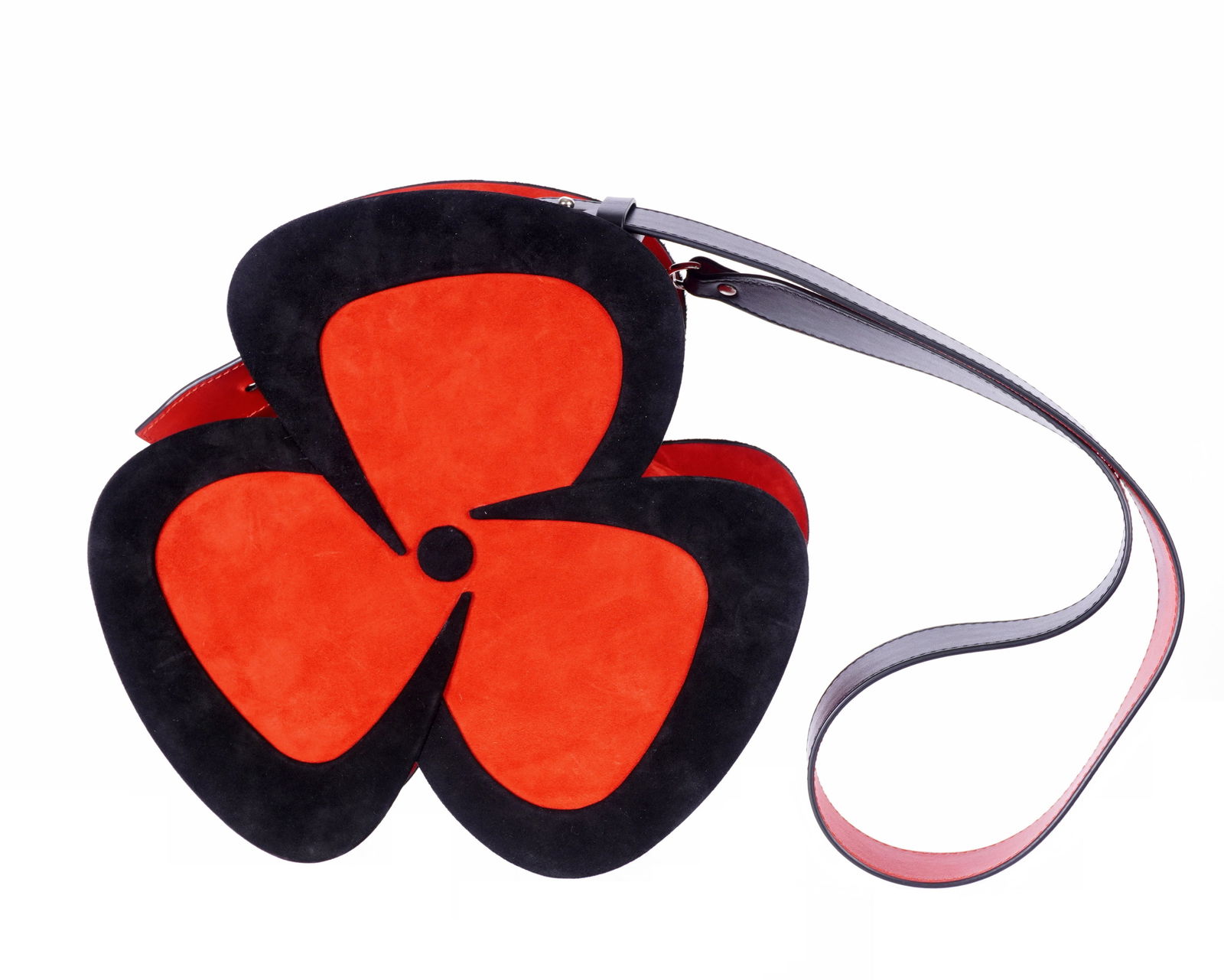 Christian Louboutin Pensee Suede Clutch Purse: Pensee (Pansy) black and red leather suede clutch / crossbody purse by Christian Louboutin, red and black leather strap. Approx. 10" dia x 3". Sold with Louboutin canvas dust bag. Overall condition ex