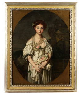 William T Robinson Girl with the Broken Pitcher: ROBINSON, William T., (American, 1852-1934): after "The Girl With the Broken Pitcher" by Jean-Baptiste Greuze. Portrait of a standing maiden in classical attire in garden setting with partial breast e